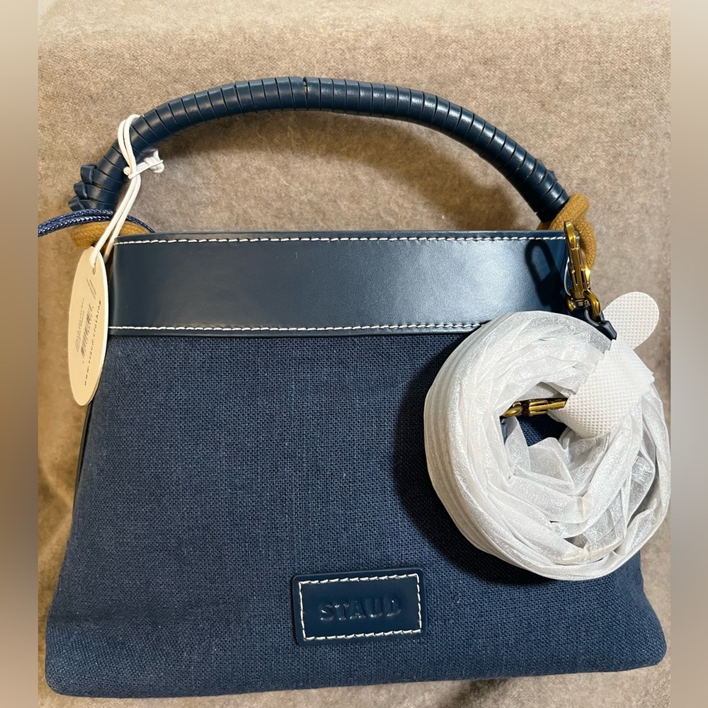 STAUD Tellie Canvas Drawstring Top Handle Bag in Marine MSRP$370